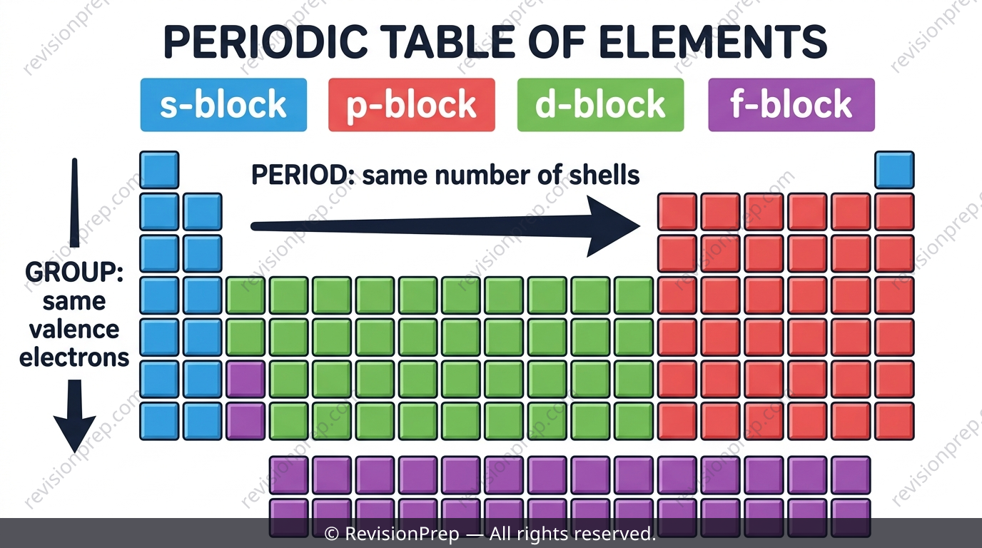 Periodic table highlighting s-block, p-block, d-block and f-block regions with group and period labels