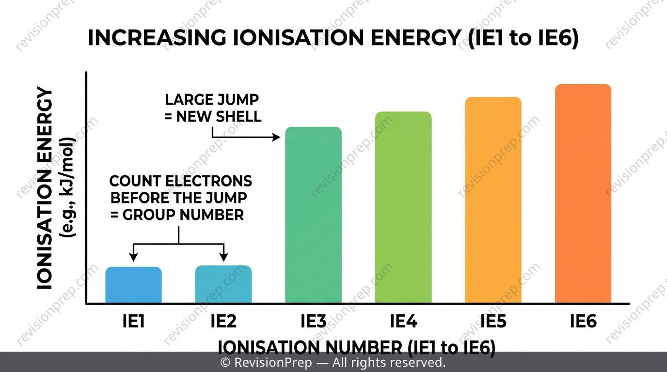 Bar chart of successive ionisation energies with a large jump marking the boundary between valence electrons and an inner shell
