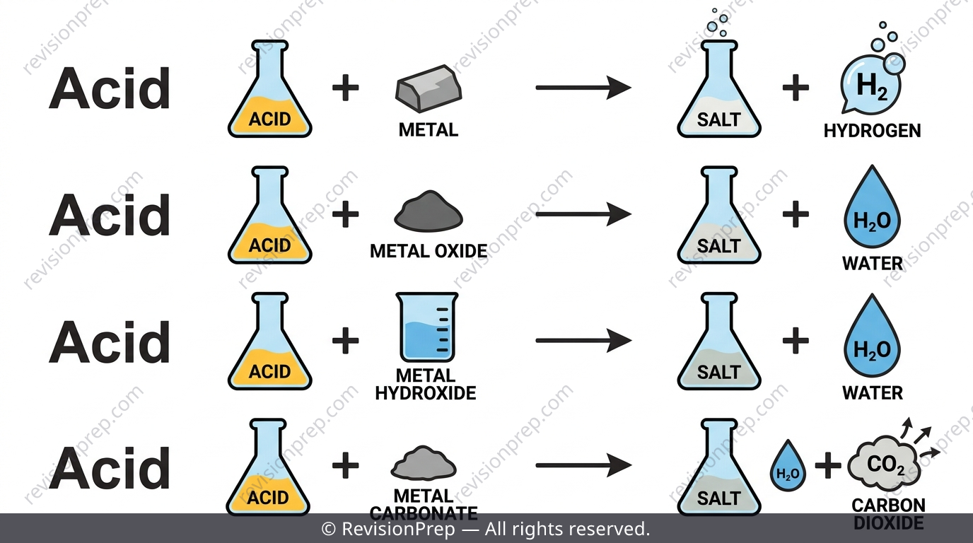 Four labelled reaction equations showing acid reacting with metal, metal oxide, metal hydroxide and metal carbonate