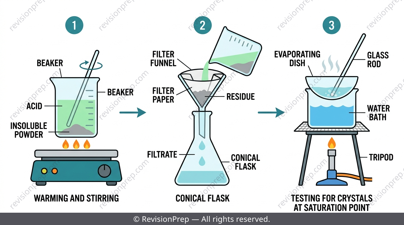Lab diagram of the excess-solid method showing warming, filtering and evaporating a salt solution