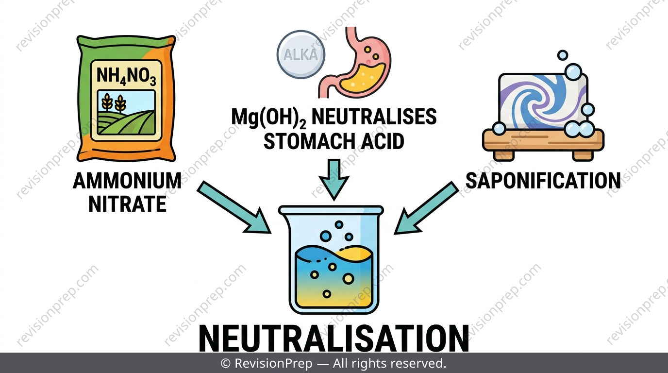 Three application icons: fertiliser bag, antacid tablet and soap bar, each linked to acid-base neutralisation