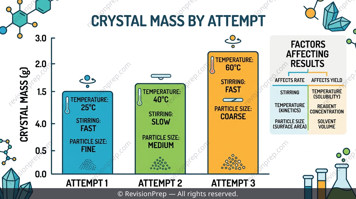 Bar chart comparing crystal yield across different reaction conditions with rate vs yield labels