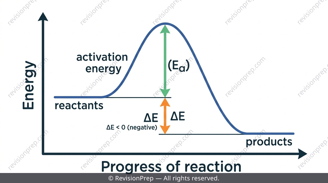 Energy profile diagram labelled with reactants, products, activation energy hump and delta E arrow