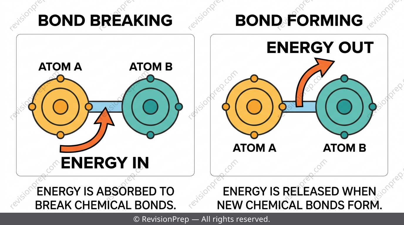 Diagram showing bonds breaking absorbing energy and bonds forming releasing energy