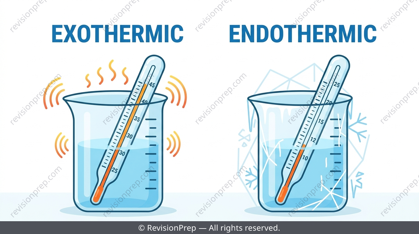 Two beakers with thermometers, one showing rising temperature and one falling temperature