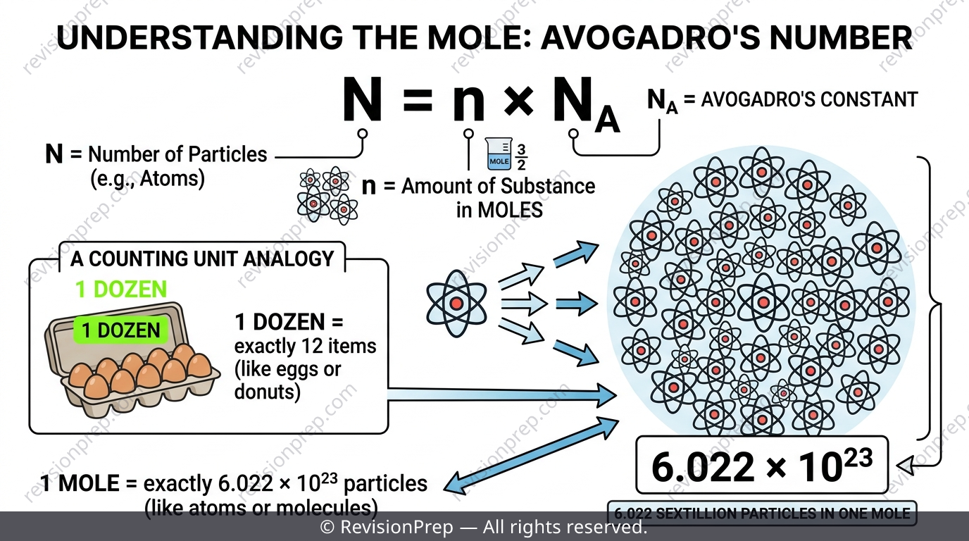 Diagram showing the relationship between number of particles, amount in moles and Avogadro's constant