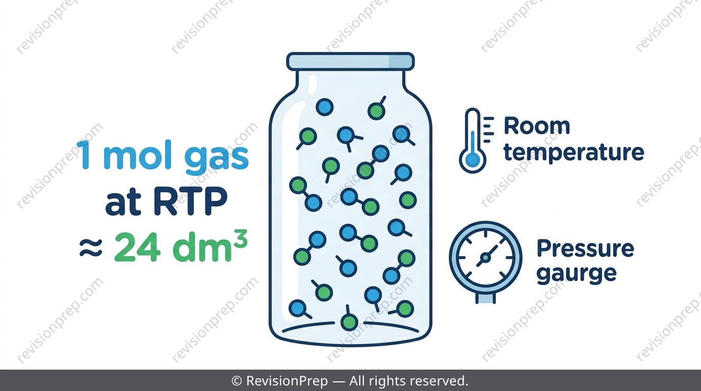 A gas jar labelled 1 mole of gas at RTP equals 24 dm3