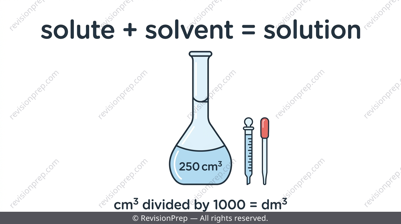 Volumetric flask being filled to the graduation mark with labelled solute and solvent