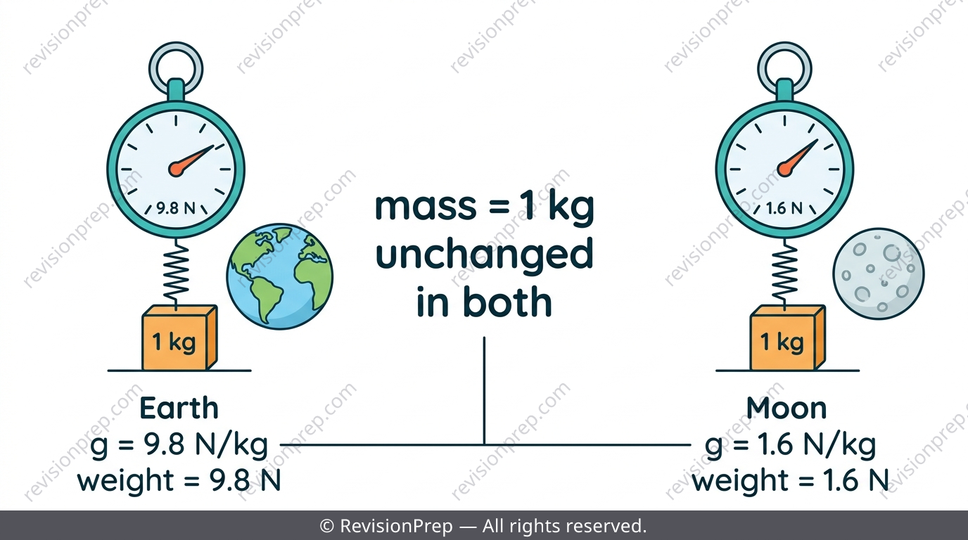 Same 1 kg object shown on Earth and the Moon with different weight readings but identical mass