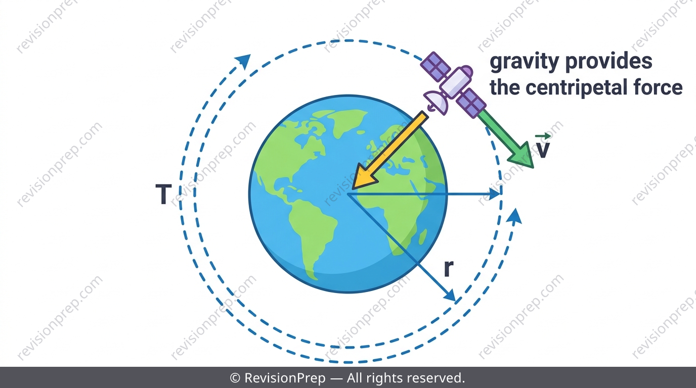 Satellite orbiting Earth with a centripetal force arrow labelled as gravity pointing toward Earth's centre