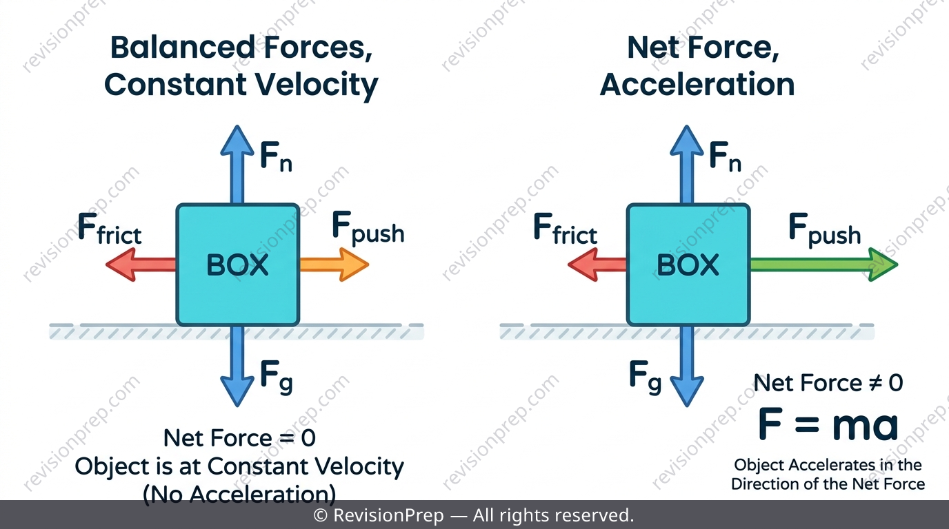 Free body diagram showing balanced vs unbalanced forces on a moving box