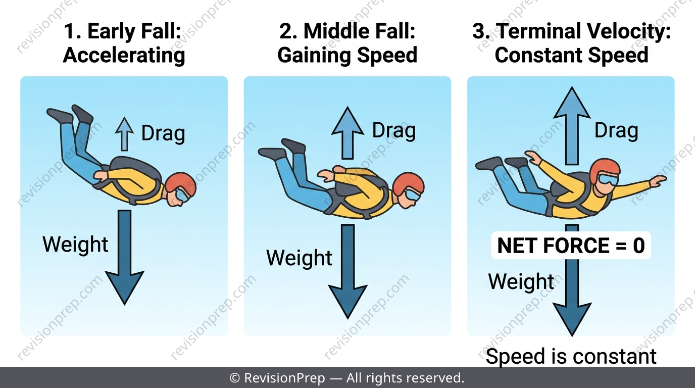 Skydiver falling with weight and air resistance arrows becoming equal at terminal velocity