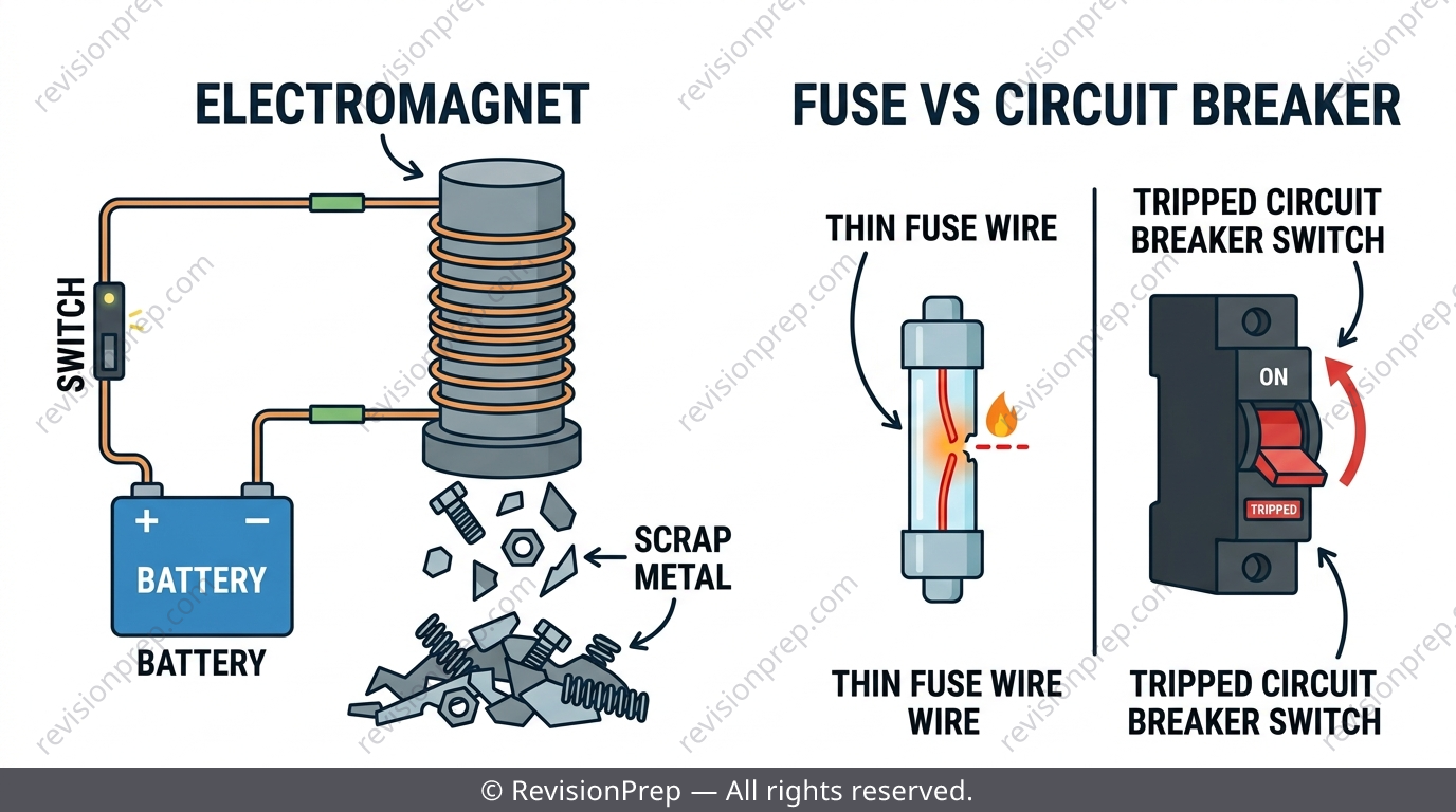 Electromagnet coil around an iron core lifting scrap metal, next to a diagram of a fuse and a circuit breaker
