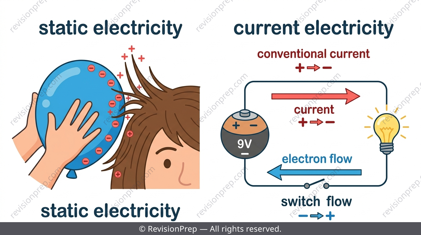 A rubbed balloon sticking to hair labelled with electron transfer, next to a circuit loop showing conventional current and electron flow arrows