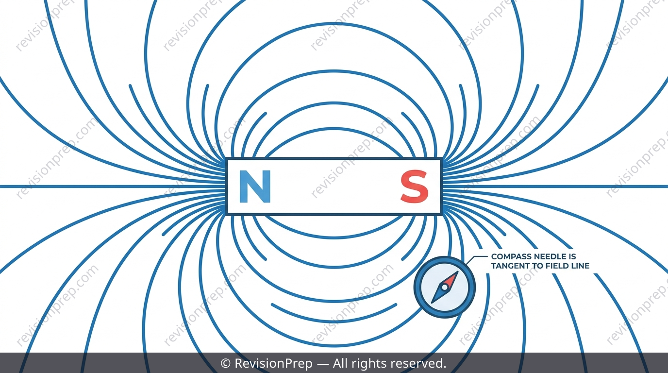Iron filing pattern around a bar magnet showing dense lines at the poles and a compass aligned tangent to a curved field line