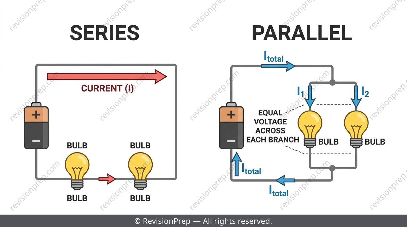 Two circuit diagrams side by side: a series circuit with two bulbs in one loop, and a parallel circuit with two bulbs on separate branches