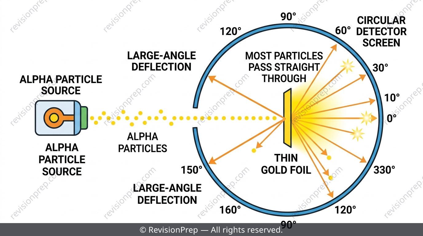 Gold foil experiment setup showing alpha particle source, thin gold foil, and detector recording scattering angles
