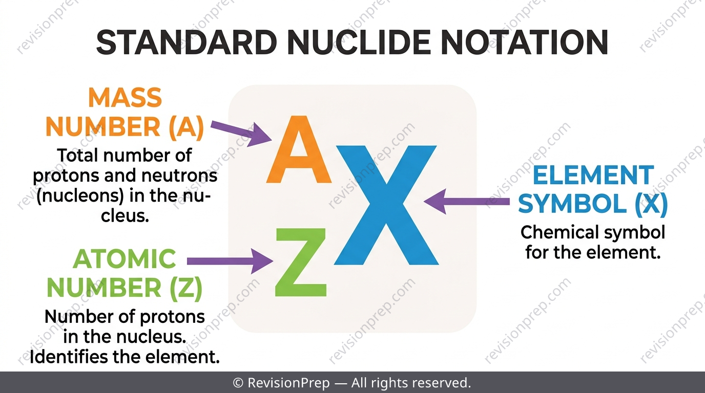Nuclide notation diagram showing mass number A above and atomic number Z below the element symbol X
