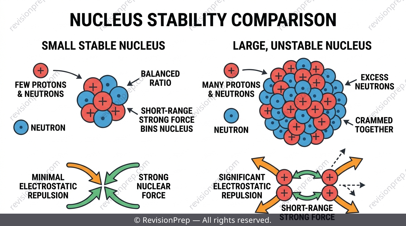 Graph-style diagram showing stable and unstable neutron to proton ratios for light and heavy nuclei