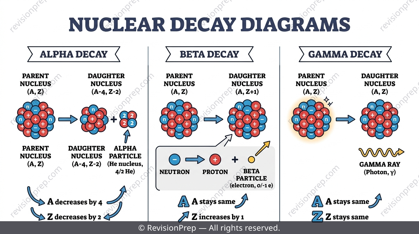 Diagram showing alpha, beta and gamma decay with changes to mass number and atomic number labelled