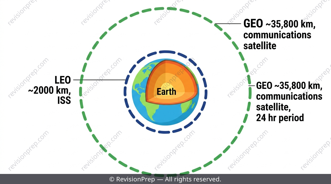 Earth with two orbit rings labelled LEO and GEO at different altitudes