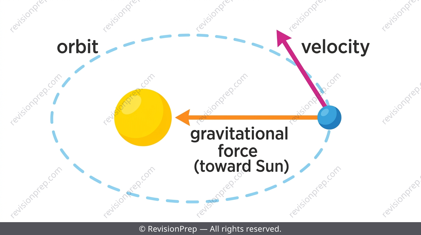 Diagram of Earth orbiting the Sun with gravitational force vector shown perpendicular to velocity