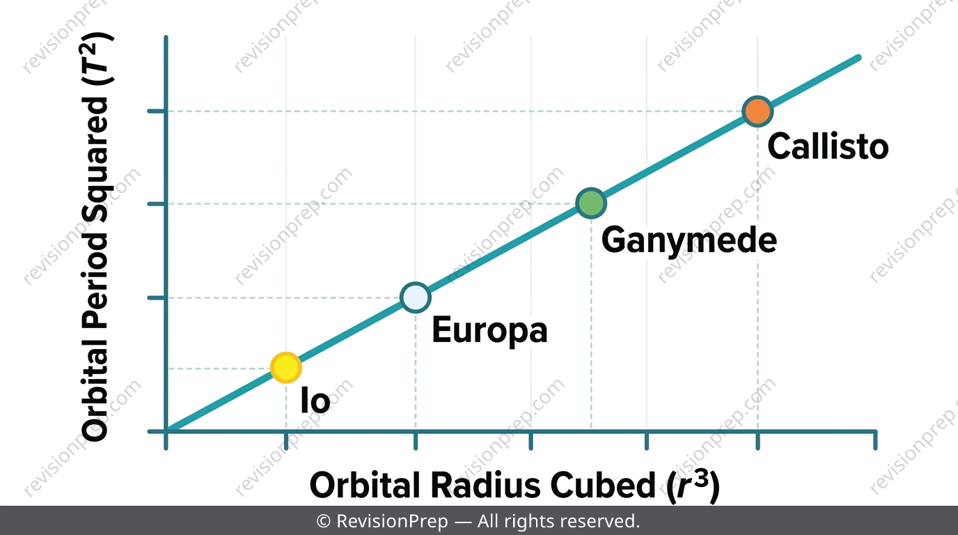 Graph showing orbital period squared plotted against orbital radius cubed as a straight line