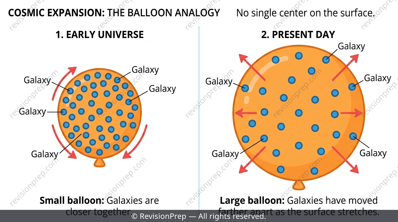 Inflating balloon with dots representing galaxies moving apart as the surface stretches