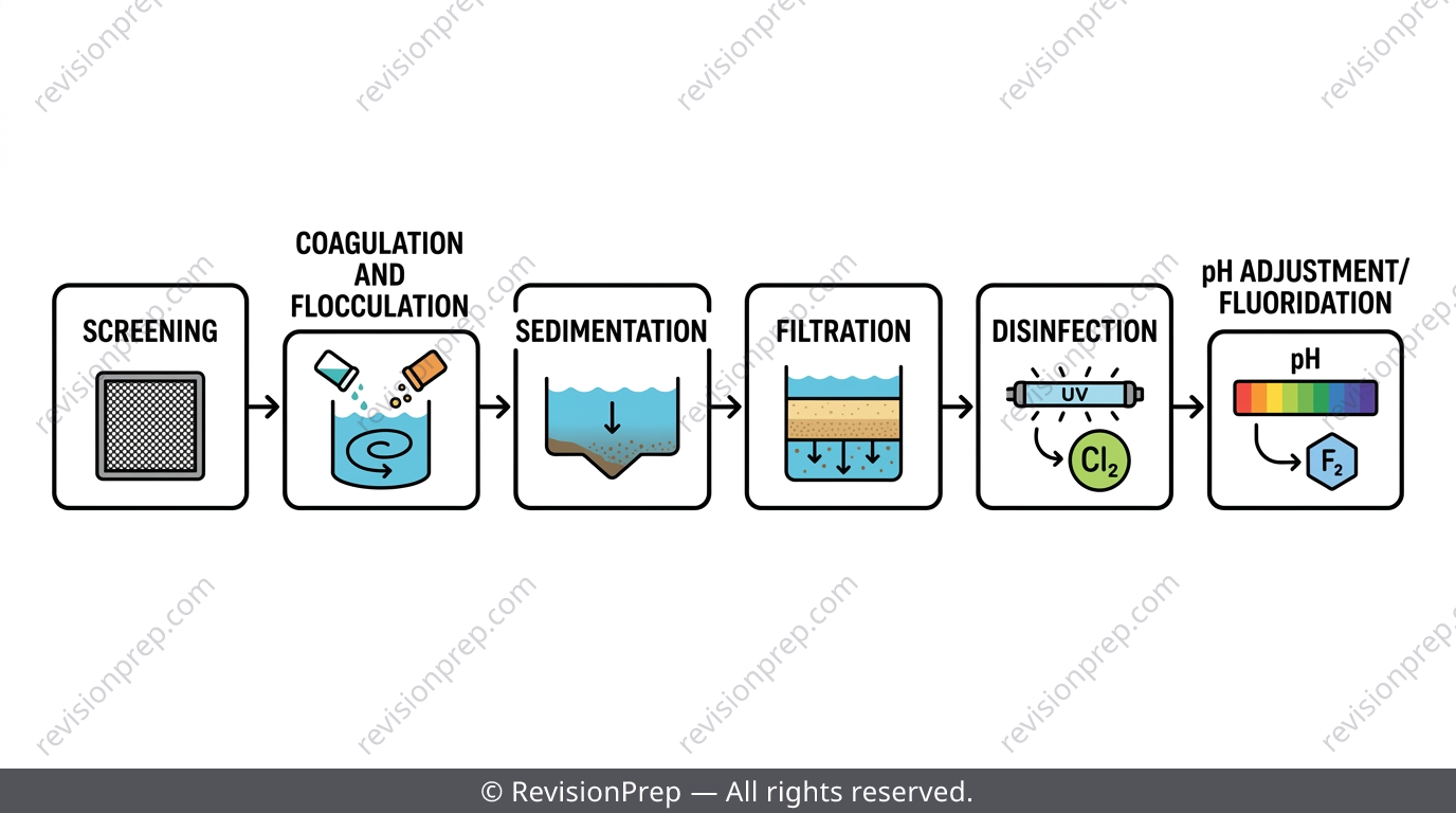 Flow diagram of the six stages of drinking water treatment