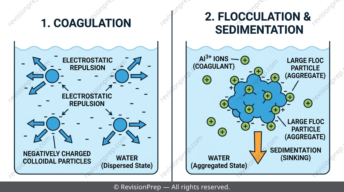 Diagram showing colloidal particles before and after coagulant addition