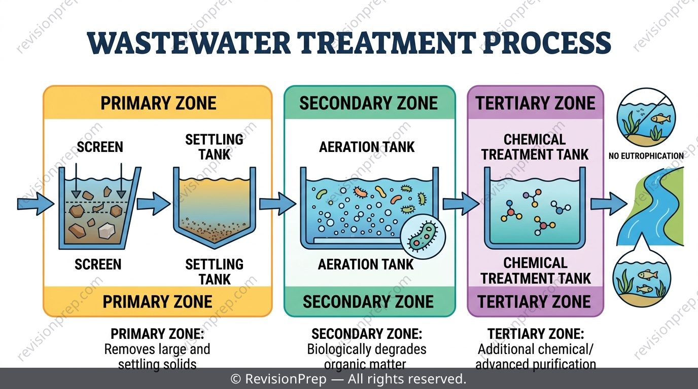 Diagram of a wastewater treatment plant with primary, secondary and tertiary stages