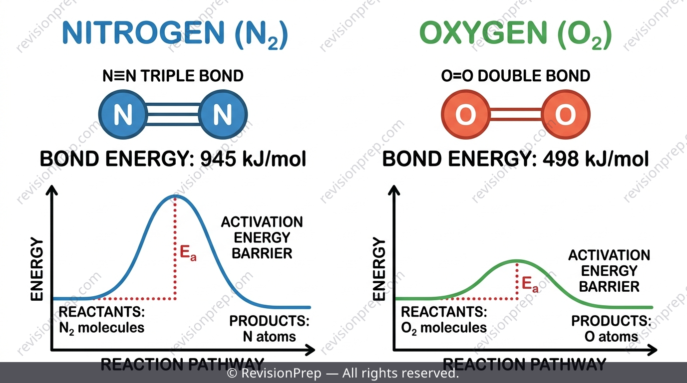 Comparison diagram of N2 triple bond and O2 double bond with bond energy values