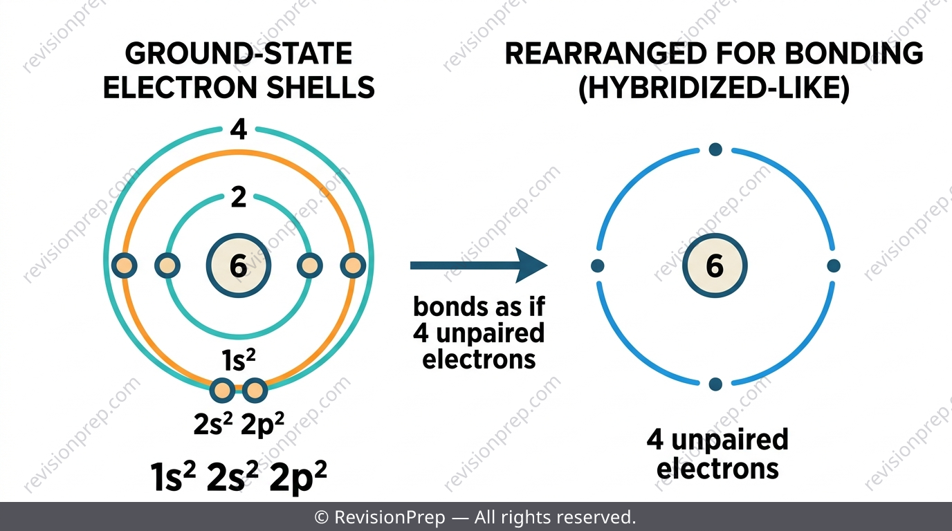 Diagram comparing carbon ground-state electron configuration with its four bonding electrons