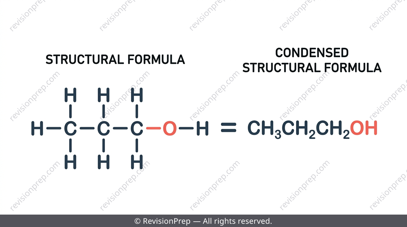 Propanol shown as a full structural formula and as a condensed structural formula
