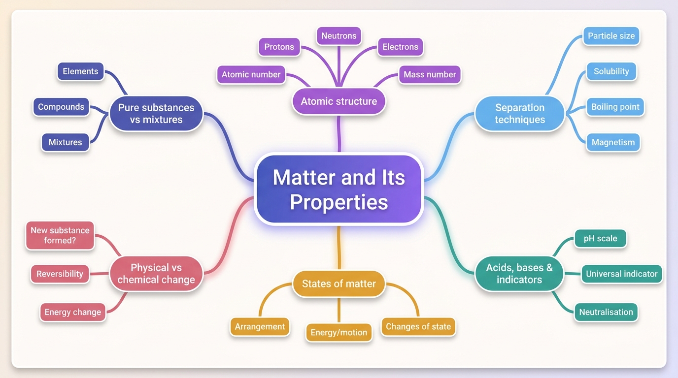 Mind map of Matter and Its Properties centred on Matter and Its Properties.
