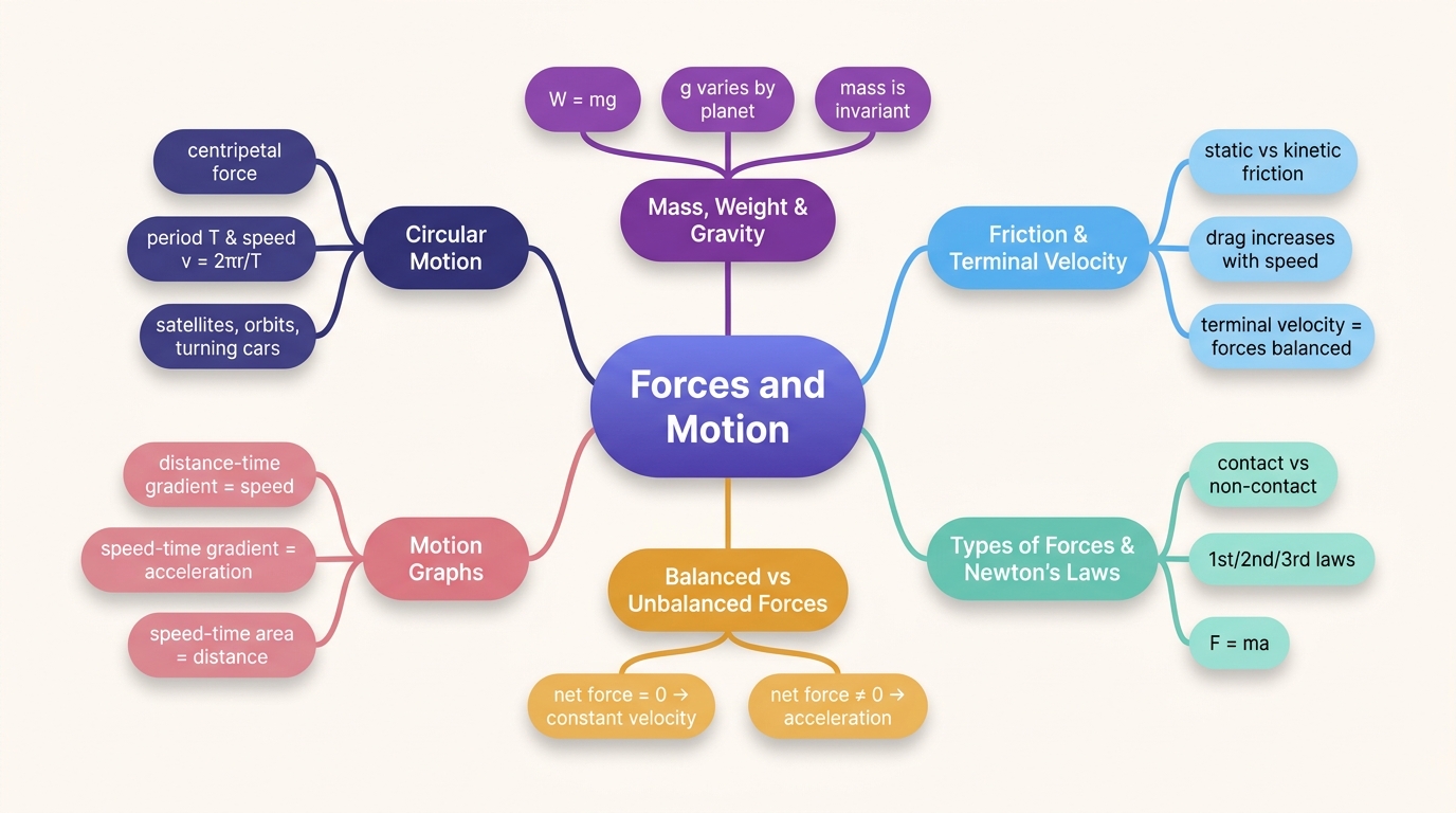 Mind map of Forces and Motion centred on Forces and Motion.