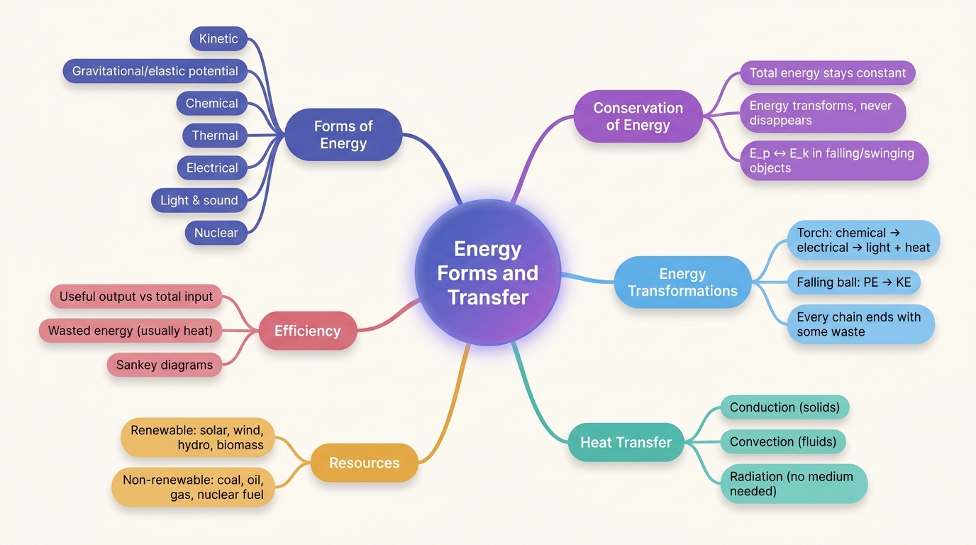 Mind map of Energy Forms and Transfer centred on Energy Forms and Transfer.