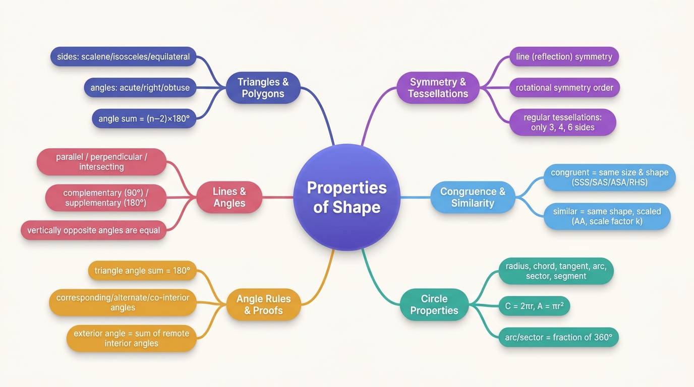 Mind map of Geometry – Properties of Shape centred on Properties of Shape.