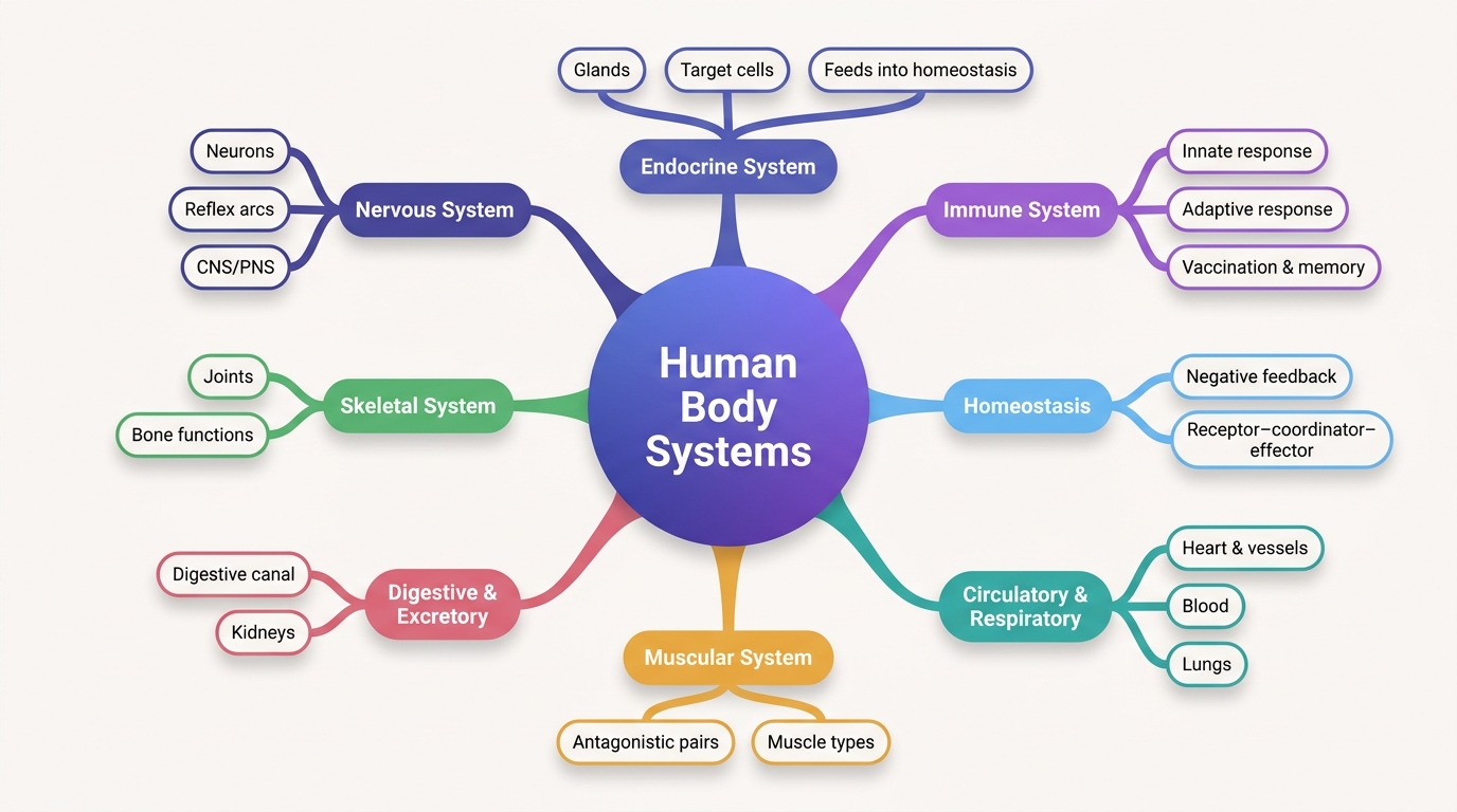 Mind map of Human Body Systems centred on Human Body Systems.