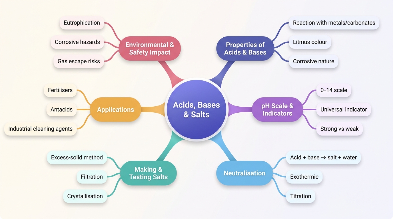 Mind map of Acids Bases and Salts centred on Acids, Bases & Salts.