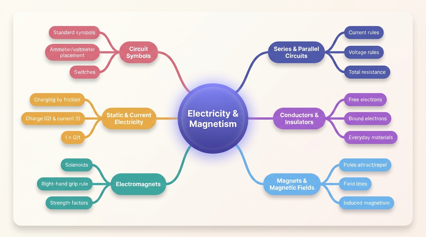 Mind map of Electricity and Magnetism centred on Electricity & Magnetism.