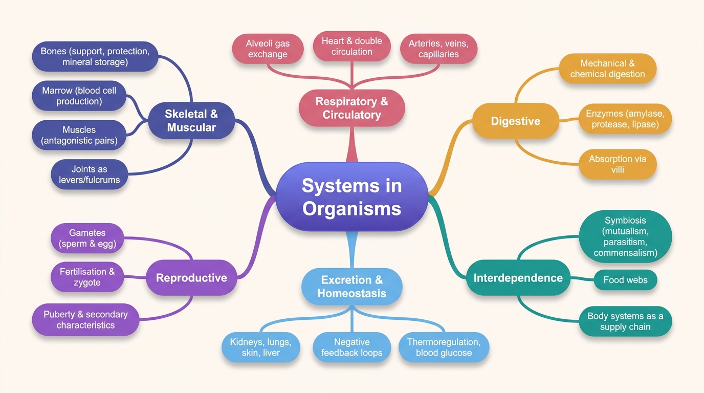 Mind map of Systems in Organisms centred on Systems in Organisms.