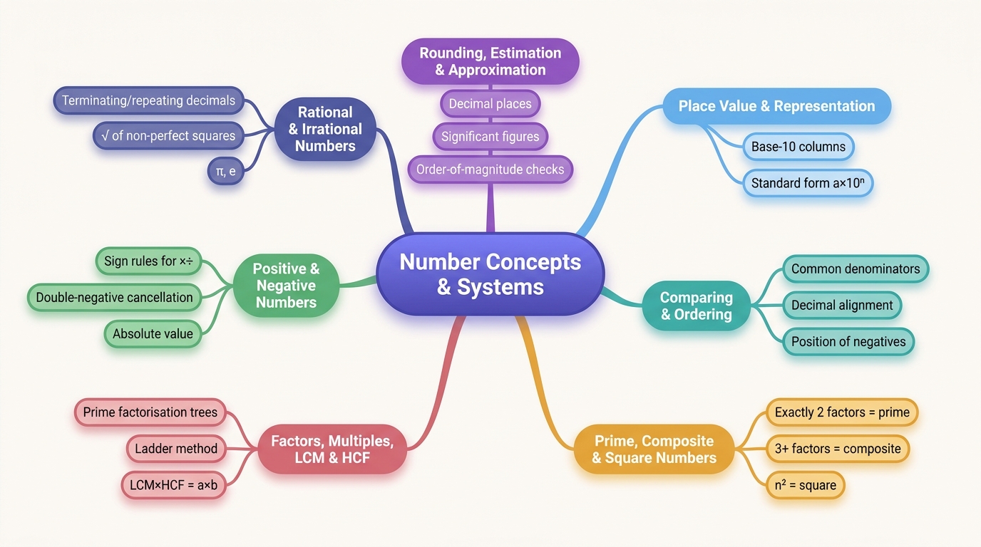Mind map of Number Concepts & Systems centred on Number Concepts & Systems.