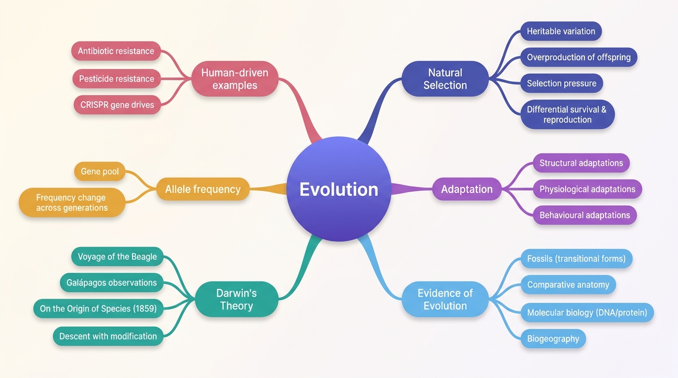 Mind map of Evolution centred on Evolution.