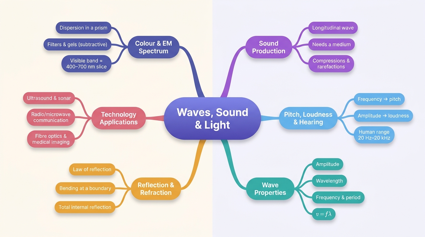 Mind map of Waves, Sound, and Light centred on Waves, Sound & Light.
