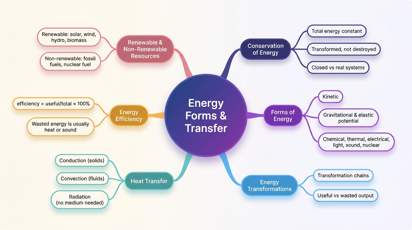 Mind map of Energy Forms and Transfer centred on Energy Forms & Transfer.