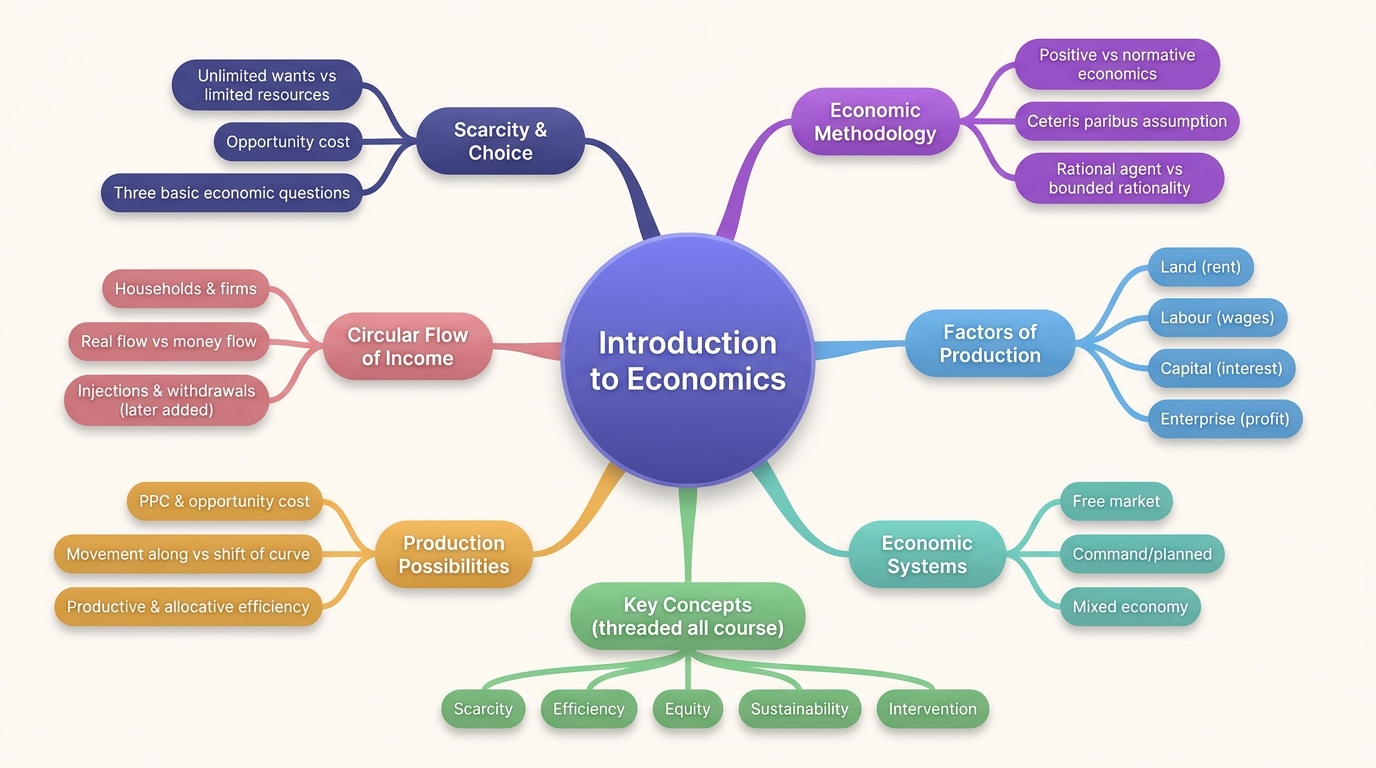 Mind map of Introduction to Economics centred on Introduction to Economics.