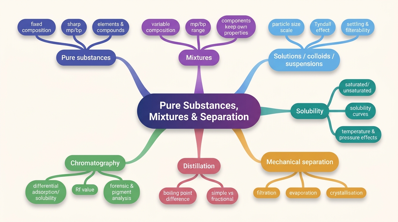 Mind map of Pure Substances, Mixtures and Separation centred on Pure Substances, Mixtures & Separation.