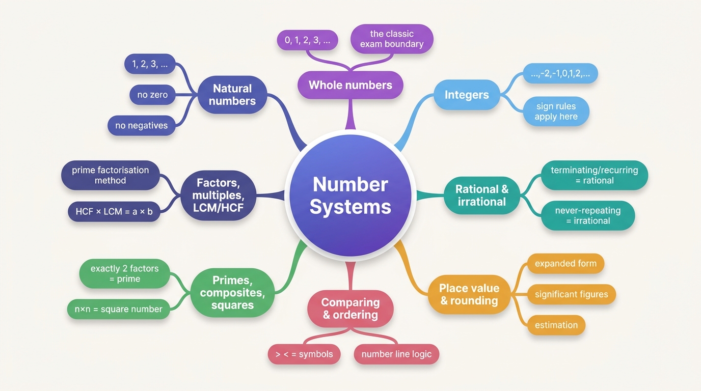Mind map of Number Concepts & Systems centred on Number Systems.