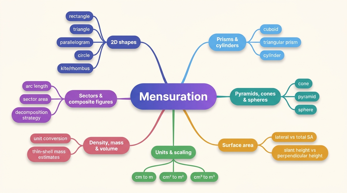 Mind map of Mensuration centred on Mensuration.